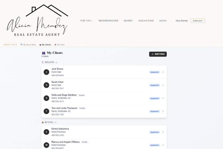 Client roster showing buyers and sellers with engagement status